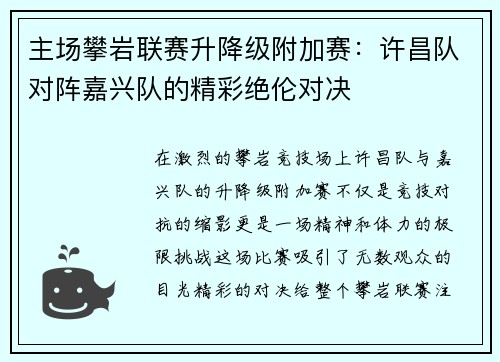 主场攀岩联赛升降级附加赛：许昌队对阵嘉兴队的精彩绝伦对决